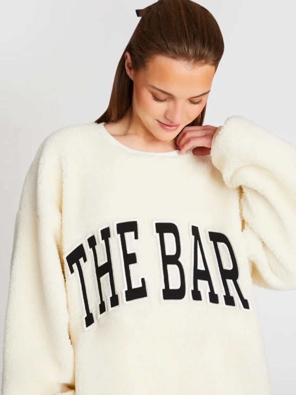 The Bar Cream Sherpa Crewneck with Bold Black Logo